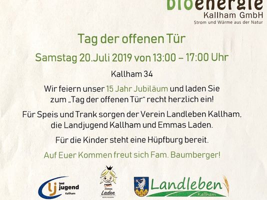 Bioenergie Kallham lädt zum Tag der offenen Tür<br />am Samstag, 20. Juli 2019 ab 13:00 Uhr